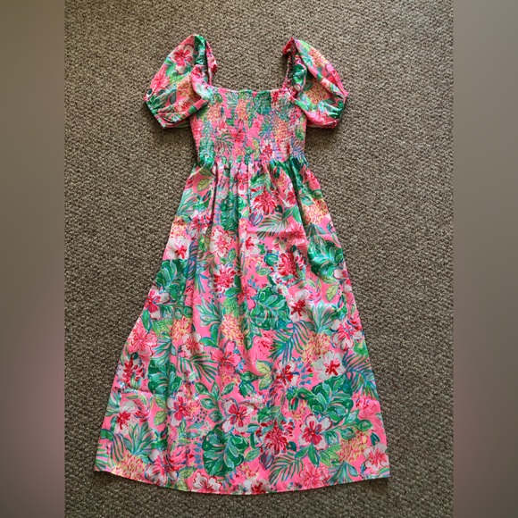 Lilly Pulitzer NWT Smocked Midi short sleeves dress pink green size M - Picture 6 of 9